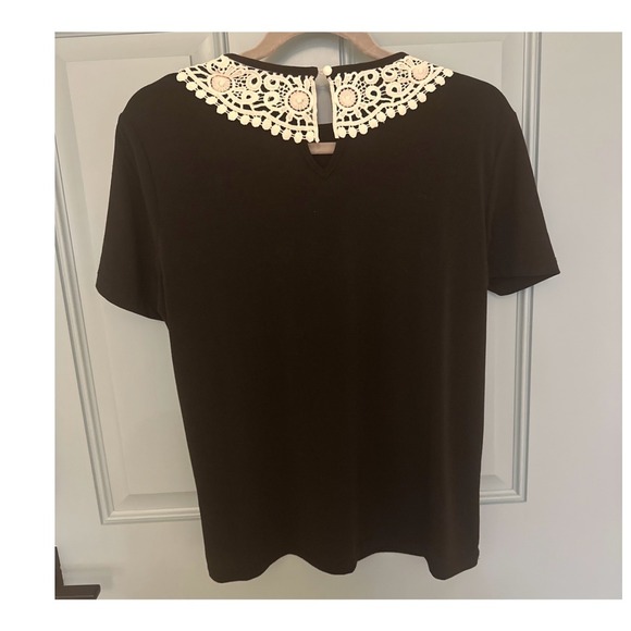 Alison Andrews Black Top Blouse Crochet Collar Minimalist Short Sleeve Medium M - Picture 9 of 12